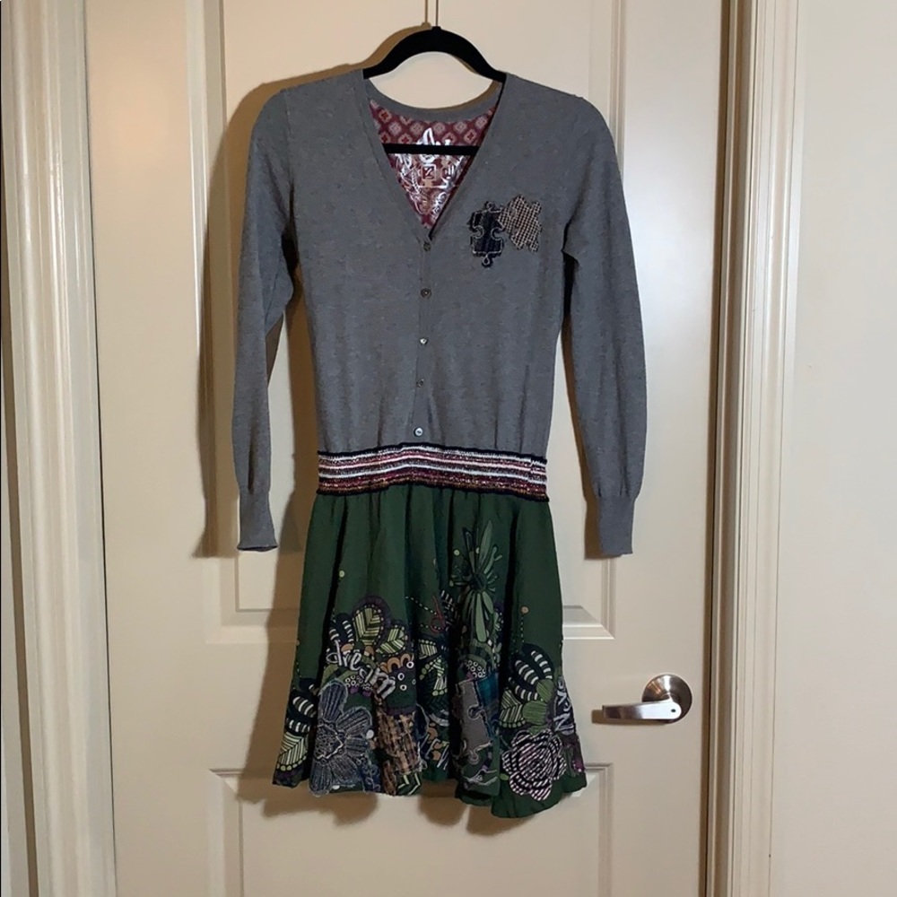 Gray and Green Flower Patterned Dress